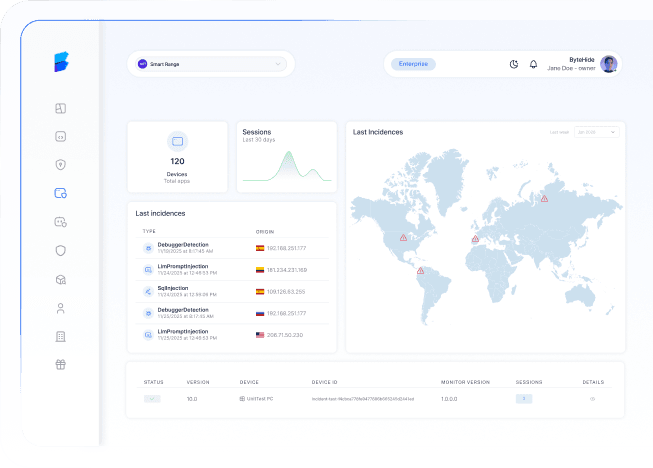 ByteHide App Runtime dashboard showing live incidents, last incidences feed, sessions over 30 days and a world map of attack origins