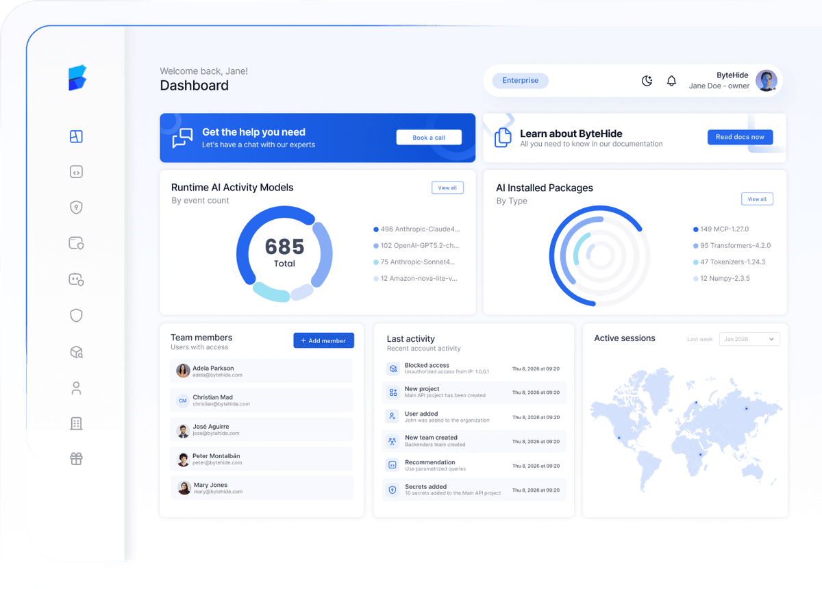ByteHide runtime dashboard showing live threat monitoring and protection metrics