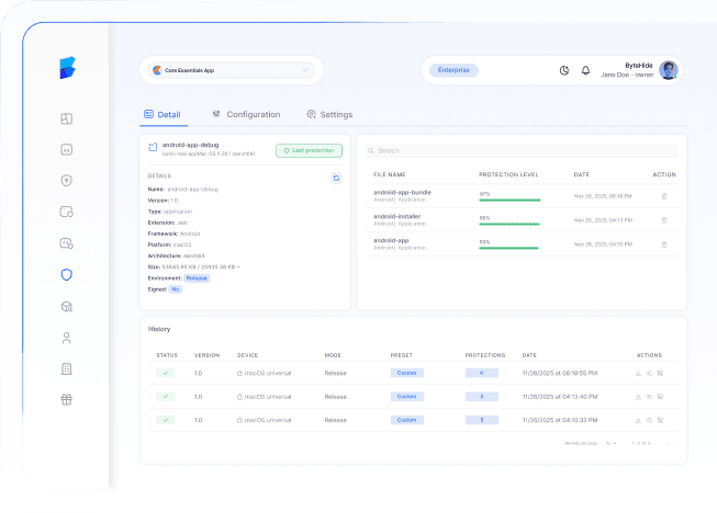 ByteHide Code dashboard showing a compliance report with SBOM, vulnerability summary, and audit trail
